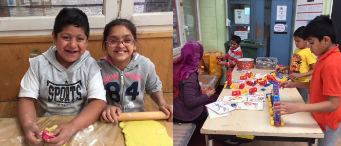 Siblings enjoying playdough activity and Playscheme Mobilo activity